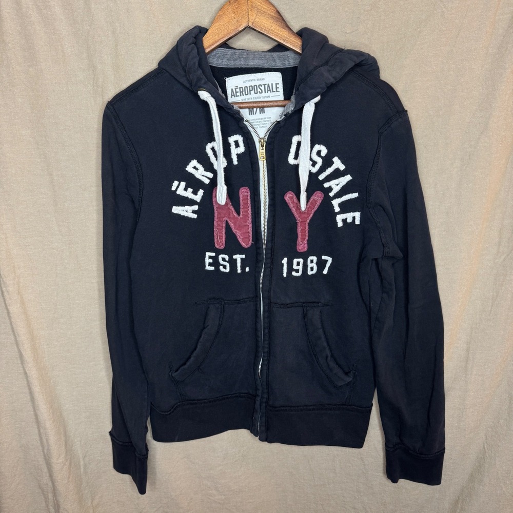 Y2K Aeropostale Mens Applique Full Zip Hoodie Medium